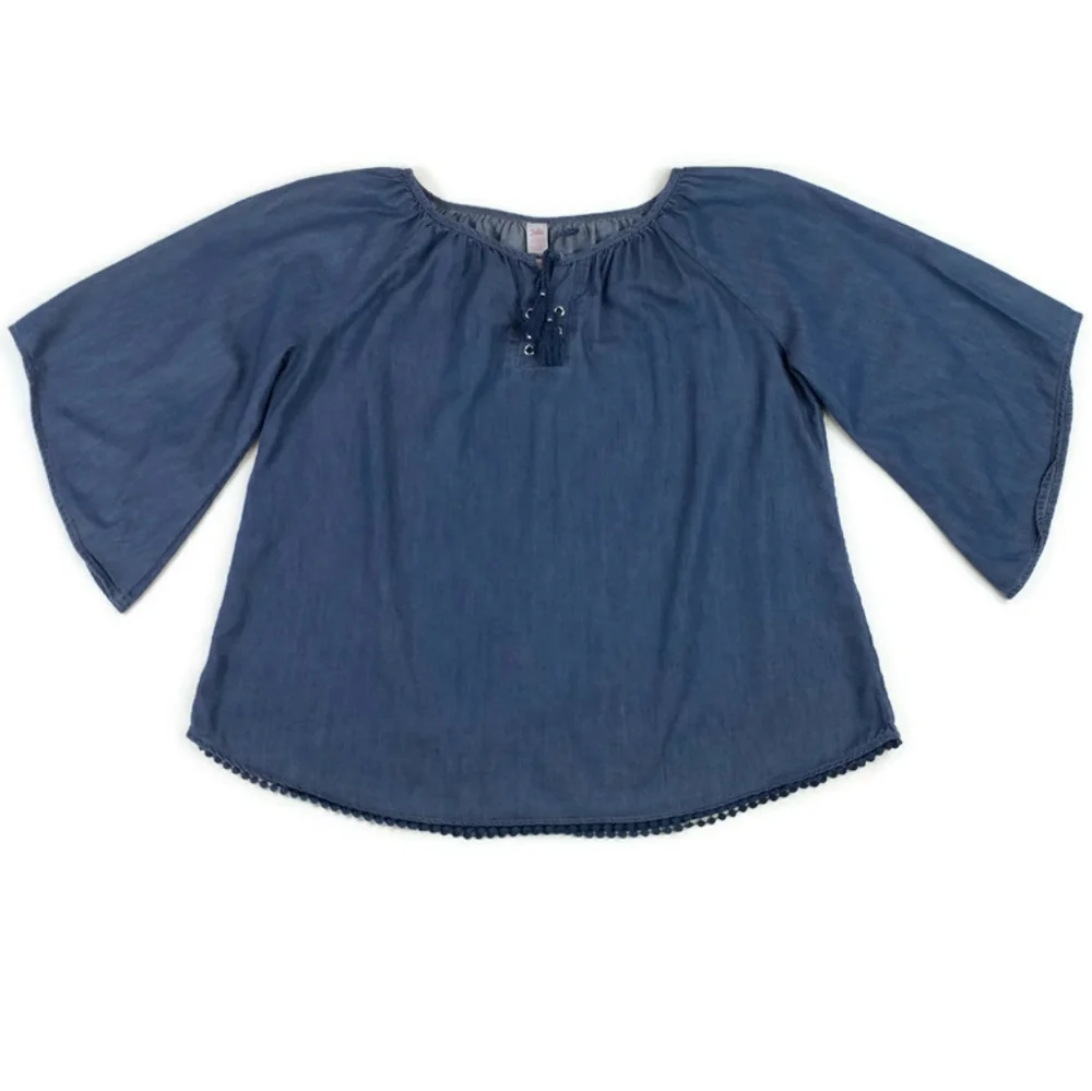 Justice Girls Chambray Lace Up Bell Sleeve Peasant Top Blue Size 18-20